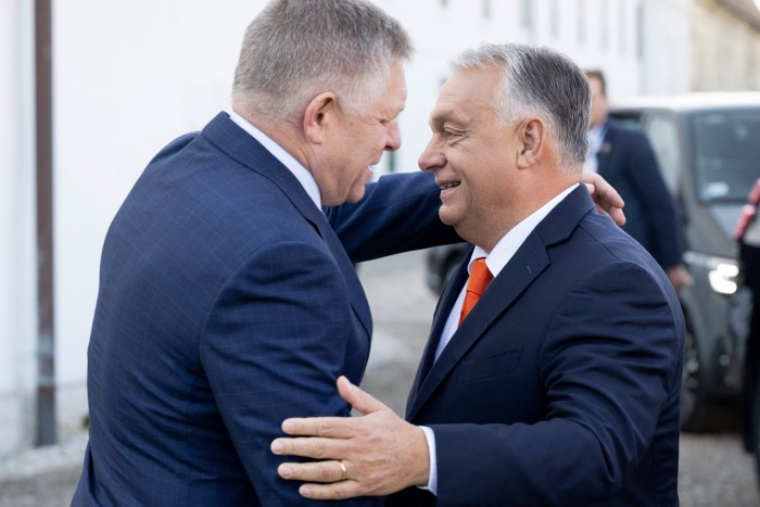 Slovakia’s Prime Minister Robert Fico welcomes his Hungarian counterpart Viktor Orban