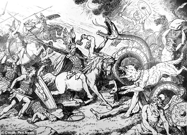 Photo shows a depiction of the final battle of the gods during Ragnarok by Johannes Gehrts