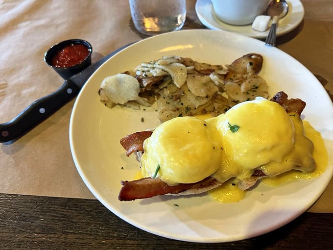 Eggs Benedict that Benedict Cumberbatch would approve of! Golden hollandaise cascading over perfectly poached eggs – it's breakfast theater at its finest.