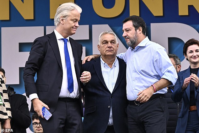 European right-wing polticains from left to right: Dutch politician Geert Wilders, Hungarian Prime Minister Viktor Orban and Italian deputy Prime Minister Matteo Salvini