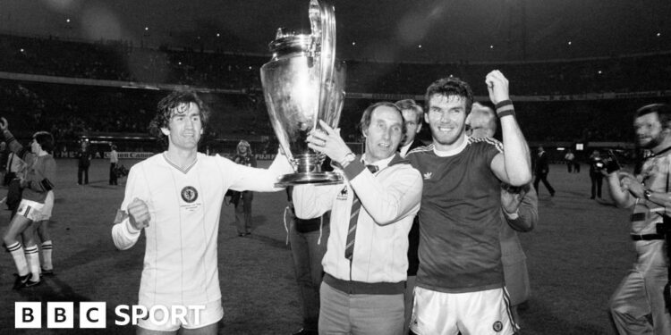 Tony Barton, with captain Dennis Mortimer and matchwinner Peter Withe, celebrate with the European Cup