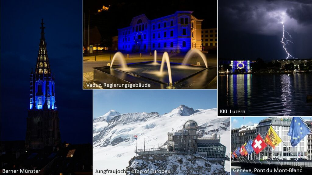 #EuropeanSolidarityMatters – Swiss & Liechtenstein landmarks dressed up in European colours