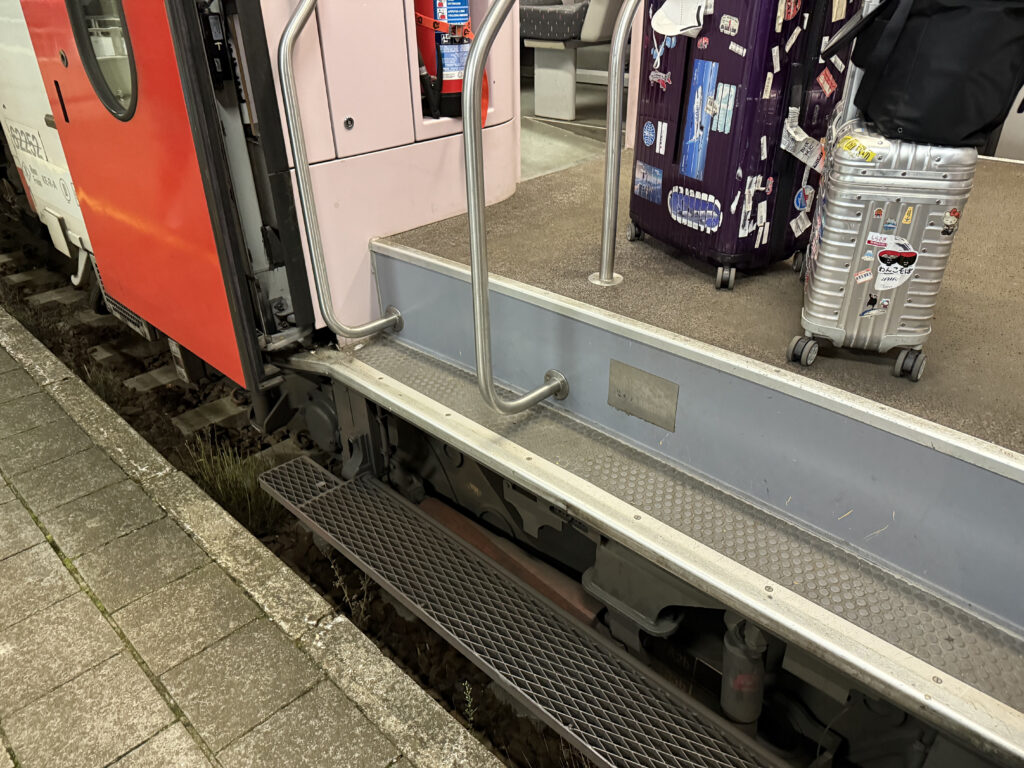 A gap exists between the platform and the rail car. And stairs are required to boot.