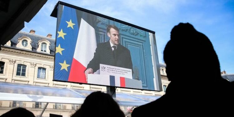 French president Emmanuel Macron during the public ceremony of sealing the Constitutional Law on Voluntary Abortion of Pregnancy.