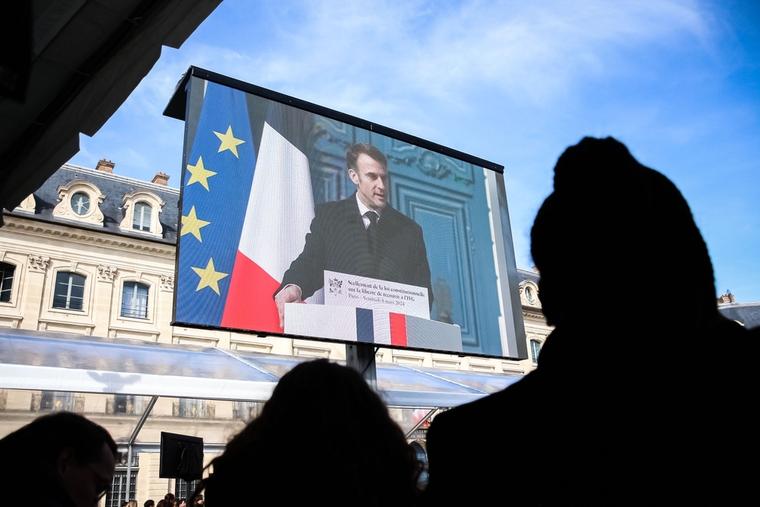 French president Emmanuel Macron during the public ceremony of sealing the Constitutional Law on Voluntary Abortion of Pregnancy.