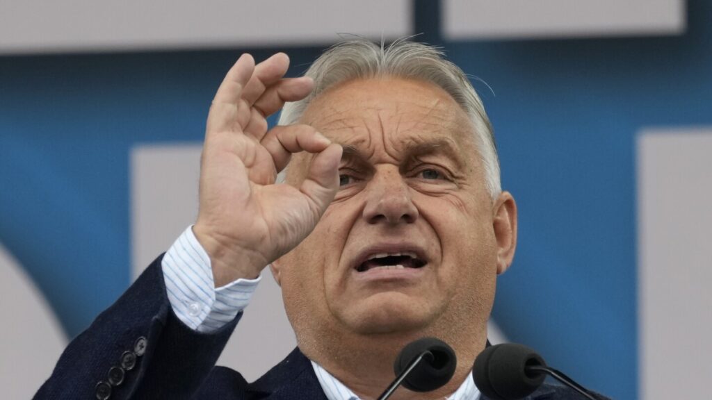 Hungary’s Orbán interrupted by activist during EU presidency news conference