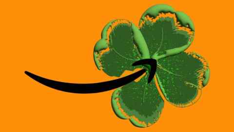 Illustration of the Amazon logo (curved arrow running from left to right) as the stalk of a green four-leaf clover