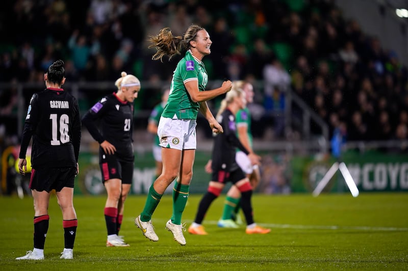 Republic of Ireland's Kyra Carusa celebrates scoring. Photograph: Niall Carson/PA