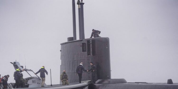 The submarine KNM Utvær outside the naval base in Horten, Norway