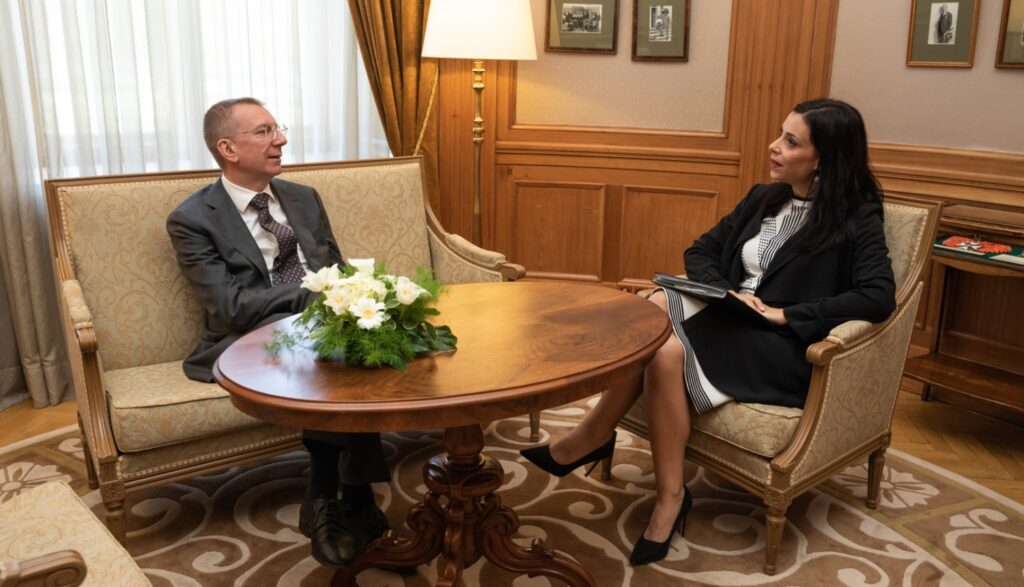 Latvian FM Edgars Rinkēvičs welcomes his counterpart of Liechtenstein, Dominique Hasler, to Riga