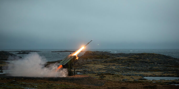 The Norwegian Army fires a National Advanced Surface-to-Air Missile System (NASAMS) from the Andøya Space Range in Andøya, Norway against a simulated threat in support of exercise Formidable Shield 2023, May 10, 2023. Formidable Shield is a biennial integrated air and missile defense (IAMD) exercise involving a series of live-fire events against subsonic, supersonic, and ballistic targets, incorporating multiple Allied ships, aircraft, and ground forces working across battlespaces to deliver effects. (Courtesy photo by Royal Norwegian Navy)