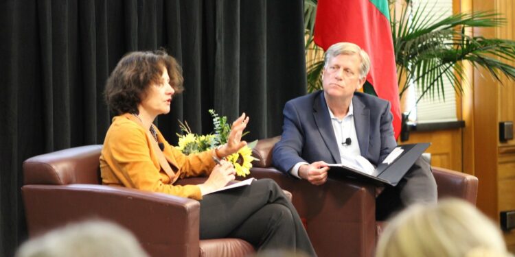 Audra Plepytė, the Lithuanian Ambassador to the United States converses with Michael McFaul ’86 M.A. ’86 — the director of the Freeman Spogli Institute.