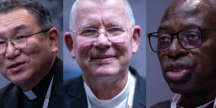 Cardinals-elect Archbishop Tarcisio Isao Kikuchi, SVD; Archbishop Jaime Spengler, OFM; and Archbishop Ignace Bessi Dogbohe discuss the contributions of the Church outside Europe during a Synod on Synodality press briefing on Oct. 8, 2024.