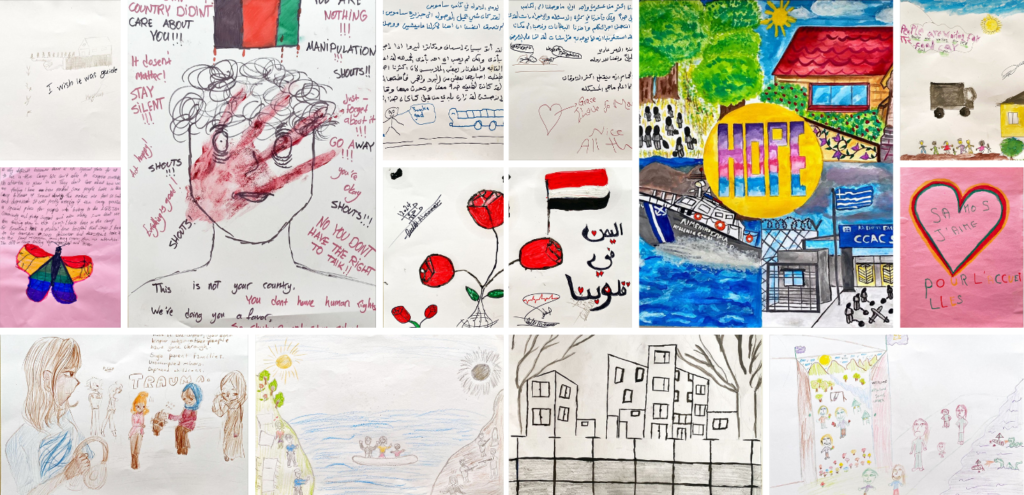 Montage of art work by residents of the CCAC refugee camp on Samos, Greece