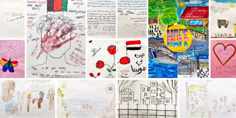 Montage of art work by residents of the CCAC refugee camp on Samos, Greece