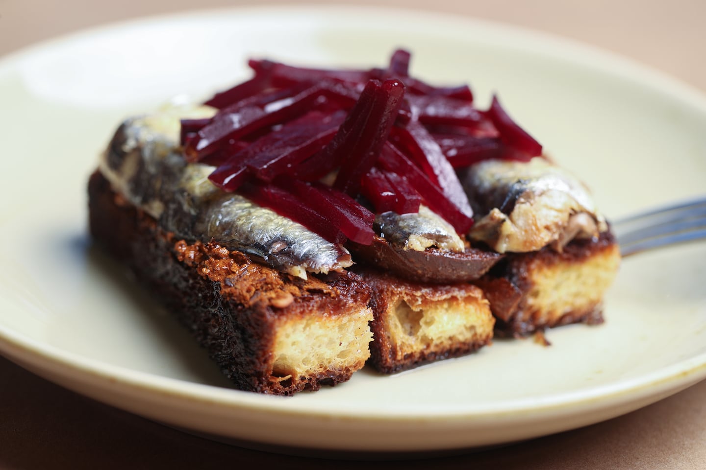 Brioche with sardines and pickled beets at SALTY Restaurant & Wine Bar in Jamestown, R.I.