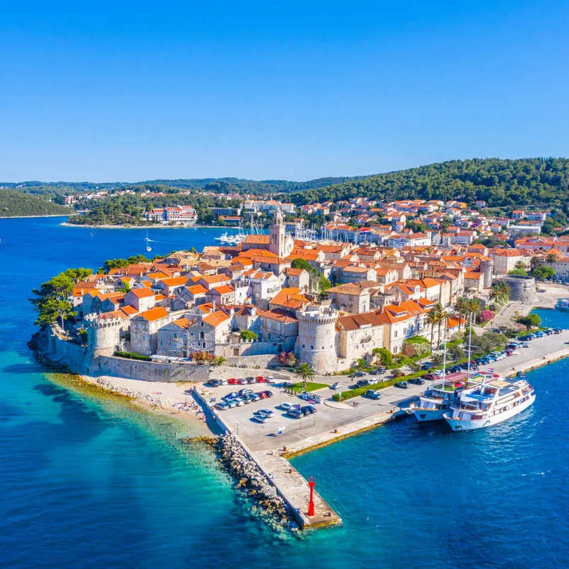 Aerial View Of The Island Municipality Of Korcula, Off The Dalmatian Coast Of Croatia, On The Adriatic Sea, South Eastern Europe, Balkan Peninsula