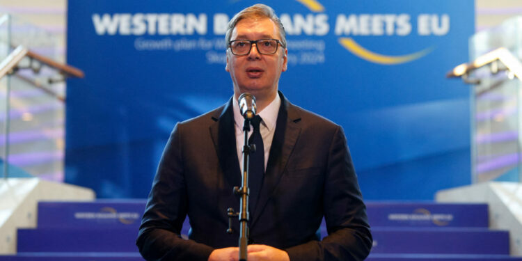 Serbia's President Aleksandar Vucic speaks during a meeting of the Western Balkans leaders in Skopje, North Macedonia, Jan...