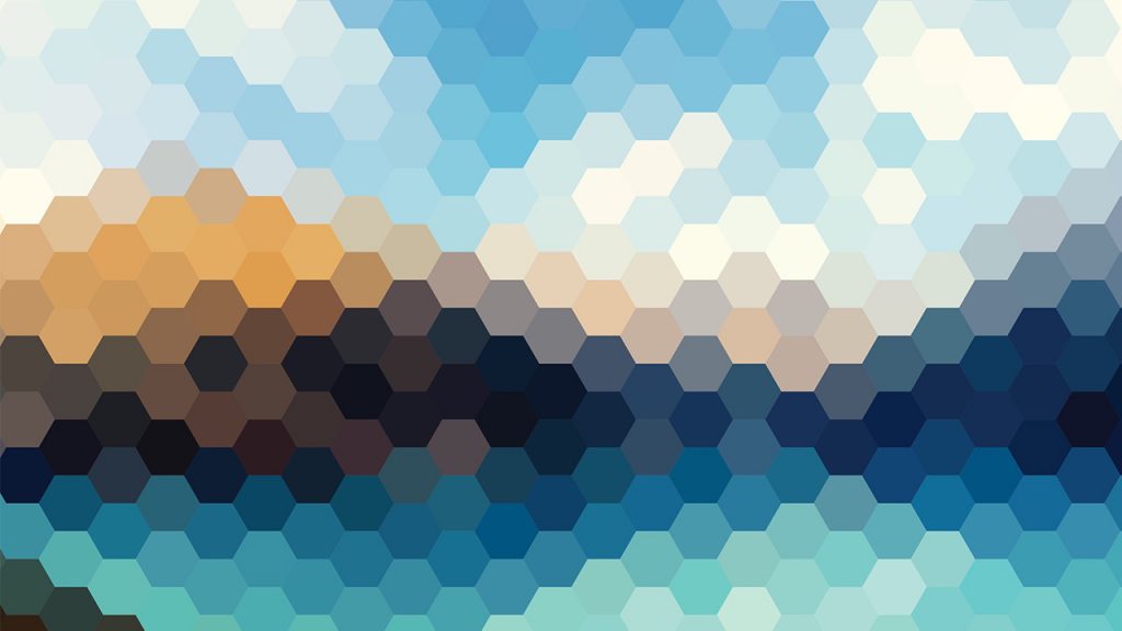 Geometric pattern consisting of numerous hexagons in varying shades of blue, brown, and white. The hexagons are arranged in a way that creates a gradient effect, transitioning from dark blue at the bottom to light blue and white at the top, with a band of brown hexagons through the center. This pattern resembles a pixelated or abstract representation of a landscape, possibly evoking the sea or sky meeting the earth or sand.