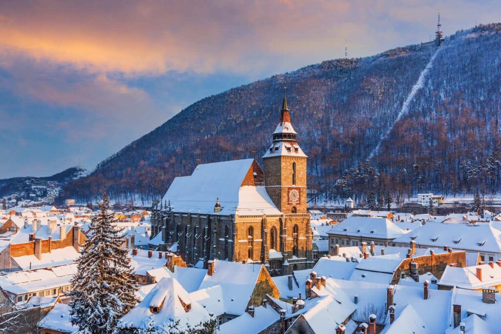 Panoramic View Of Brasov In Romania During Winter