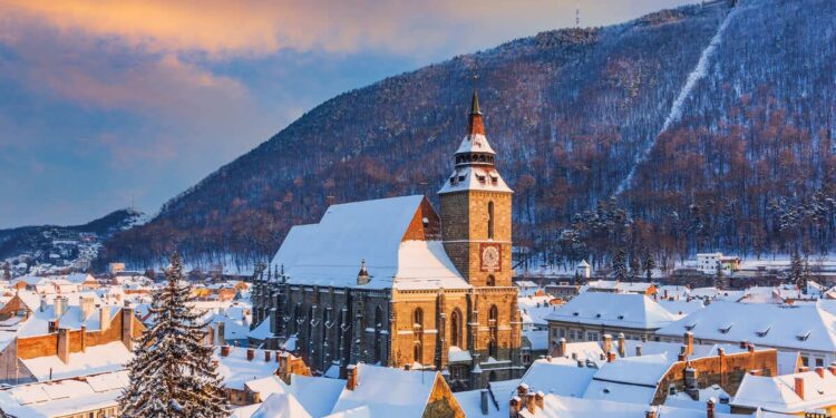 Panoramic View Of Brasov In Romania During Winter