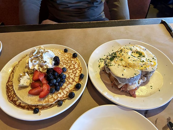 Breakfast of champions! On one side, Vienna Pancakes fit for an emperor. On the other, a Croque Madame that would make Julia Child swoon.