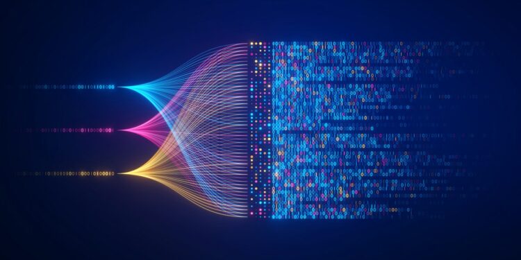 Colorful streams of data flowing into colorful binary info.