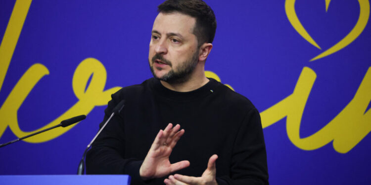 Ukrainian President Volodymyr Zelenskiy gestures during a press conference on the day of the Ukraine Southeast Europe Summ...