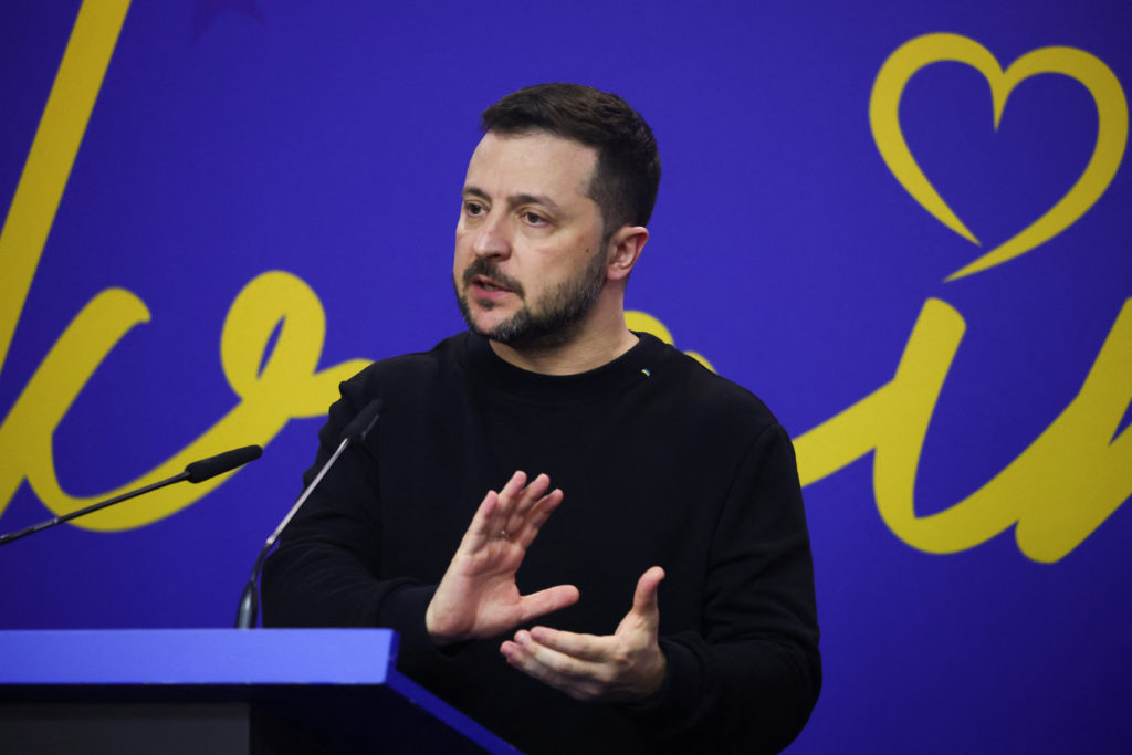 Ukrainian President Volodymyr Zelenskiy gestures during a press conference on the day of the Ukraine Southeast Europe Summ...