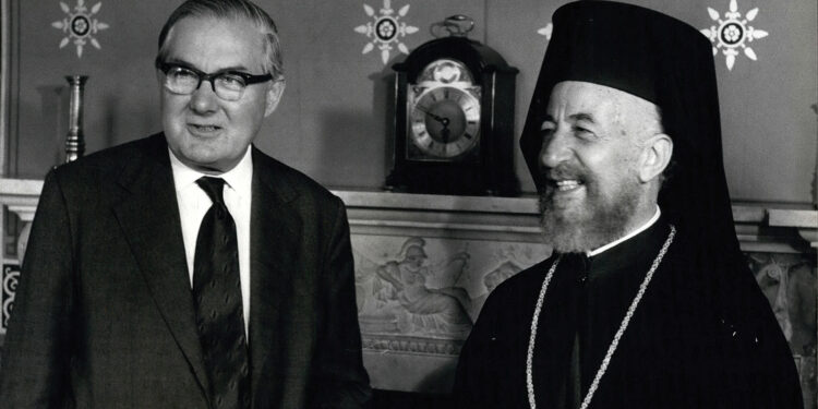 Deposed Cypriot president Archbishop Makarios III meets the Labour government’s foreign secretary James Callaghan in London in 1974