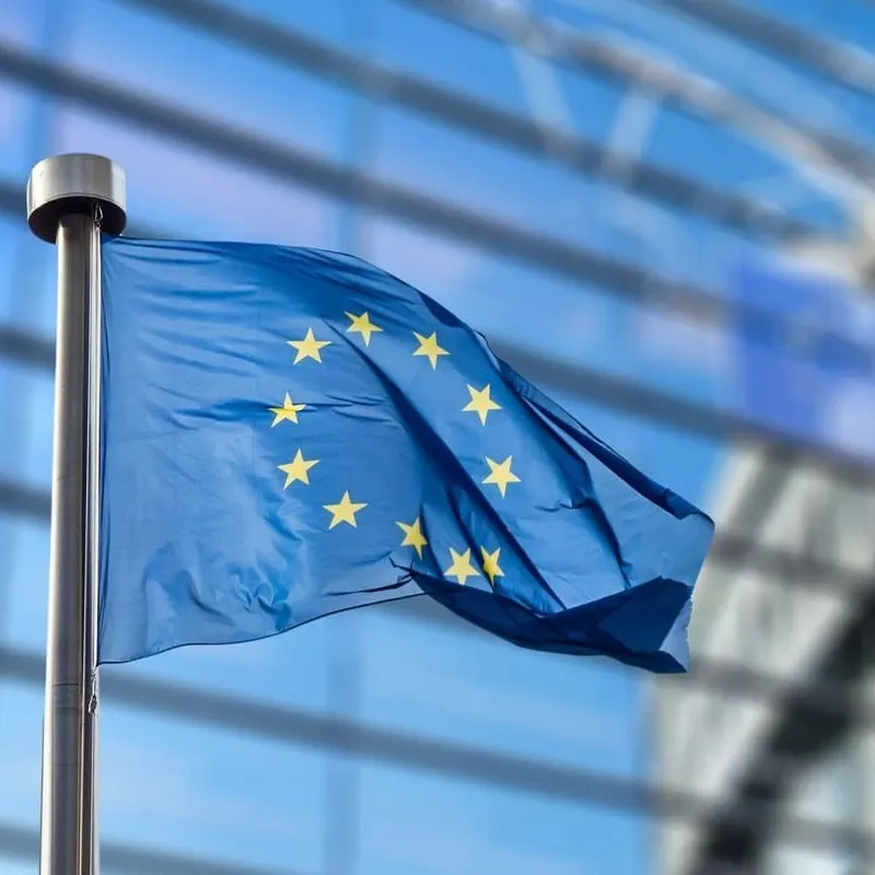 European Union Flag Flying Against The European Parliament In Brussels, Belgium, European Union