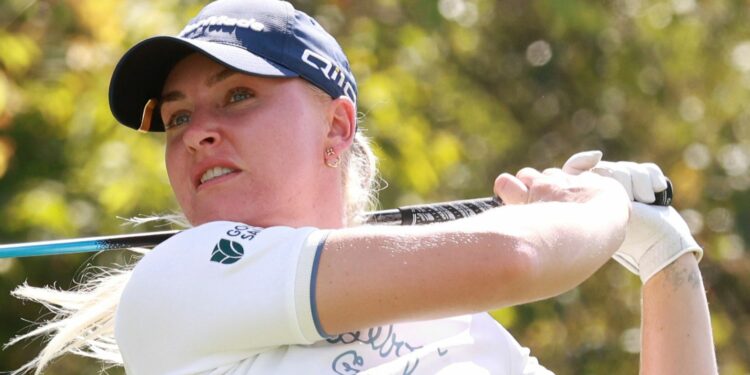 CINCINNATI, OH - SEPTEMBER 21: LPGA player Charley Hull plays her tee shot on the 18th hole during the third round of the Kroger Queen City Championship presented by P&G on September 21, 2024, at TPC River's Bend in Cincinnati, Ohio. (Photo by Brian Spurlock/Icon Sportswire) (Icon Sportswire via AP Images)