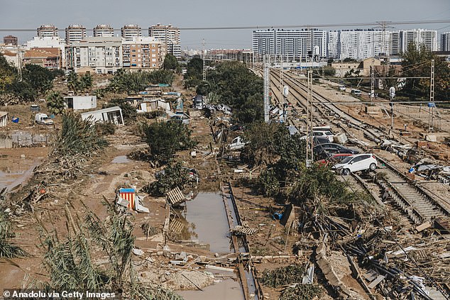 A view of damaged cars and devastation in Sedavi, Valencia, Spain on October 31, 2024