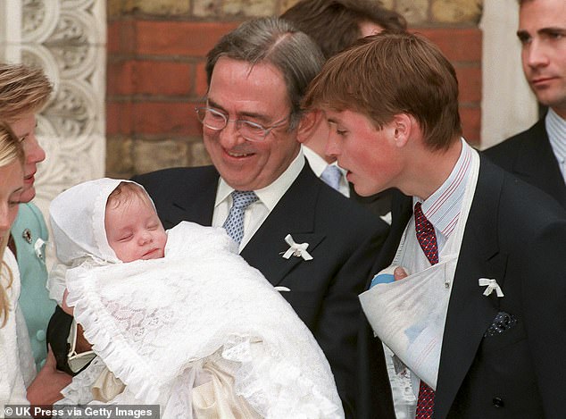 Baby Constantine Alexios at his christening, with grandfather King Constantine and godfather Prince William in 1999