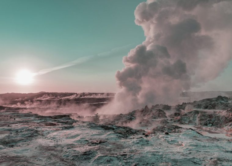 Gunnuhver Hot Spring, Reykjanes Peninsula, Iceland. This image is shot using a drone and has been colorised.
