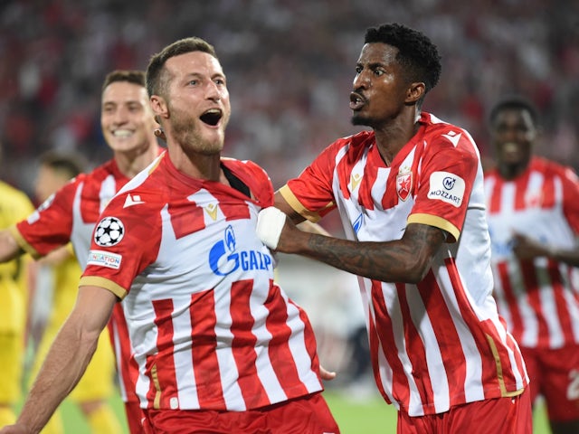 Red Star Belgrade's Nebojska Parausic celebrates with teammates on August 28, 2024