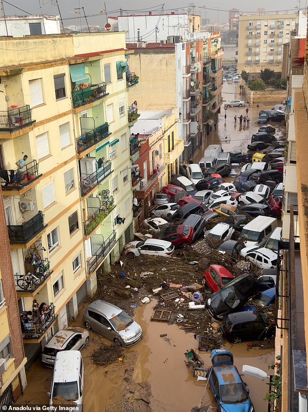 A view of the flooded area after a deluge brought up to 200 liters of rain per square meter (50 gallons per square yard) in hours in La Torre neighborhood of Valencia on October 30