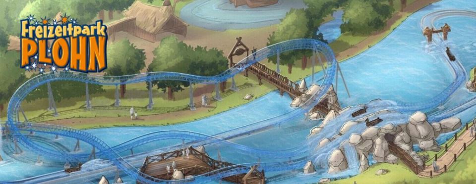 An artistic impression of the theme park shows fans what the ride could look like when it opens with a winding track suspended over a lake