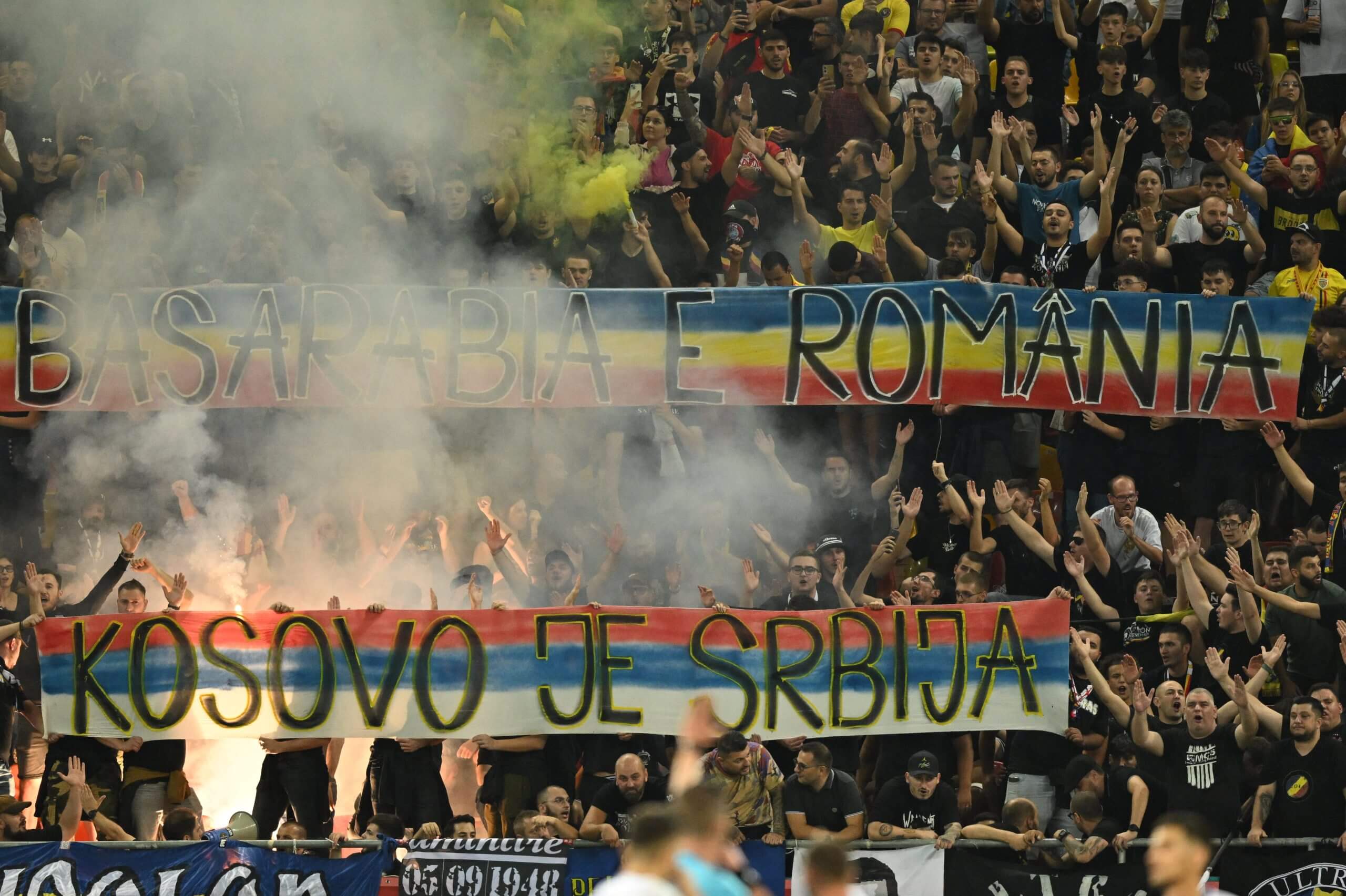 Romania fans previously held up a banner saying 'Kosovo is Serbian' during a Euro 2024 qualification match (DANIEL MIHAILESCU/AFP via Getty Images)