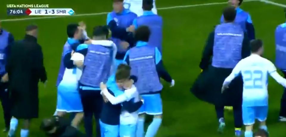 Golinucci was mobbed by his teammates after scoring San Marino's third