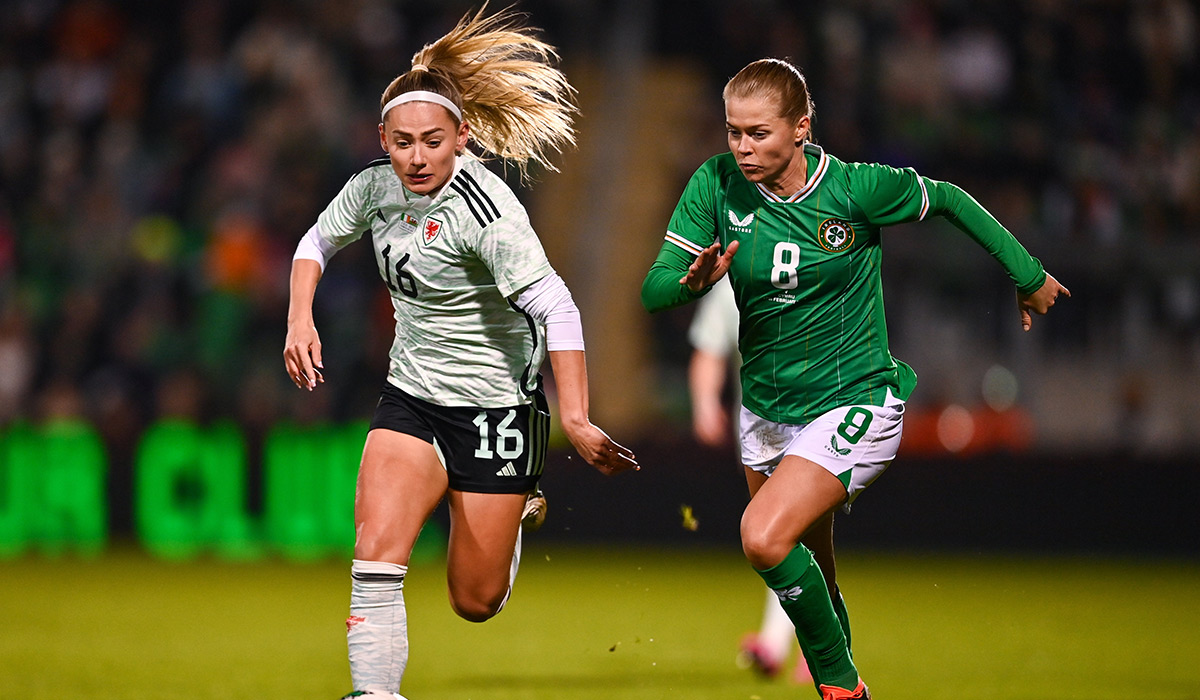 Ruesha Littlejohn of Republic of Ireland in action against Charlie Estcourt of Wales during the international women's friendly match between Republic of Ireland and Wales at Tallaght Stadium in Dublin. Pic: Tyler Miller/Sportsfile