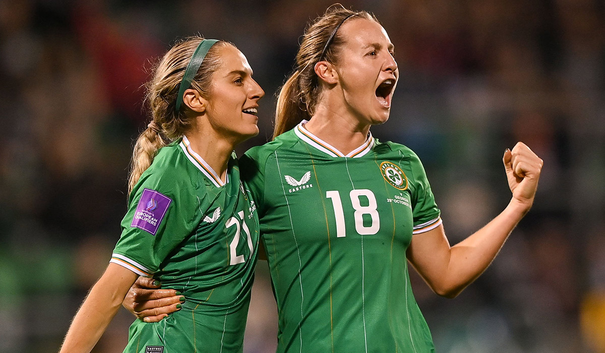 Kyra Carusa of Republic of Ireland celebrates with teammate Julie-Ann Russell, left, after scoring their side's second goal during the UEFA Women's EURO 2025 Play-Off Round 1 second leg match between Republic of Ireland and Georgia at Tallaght Stadium in Dublin. Pic: Stephen McCarthy/Sportsfile