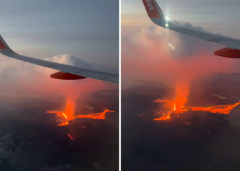 Iceland Volcano Erupting Captured From Plane Window by Passenger