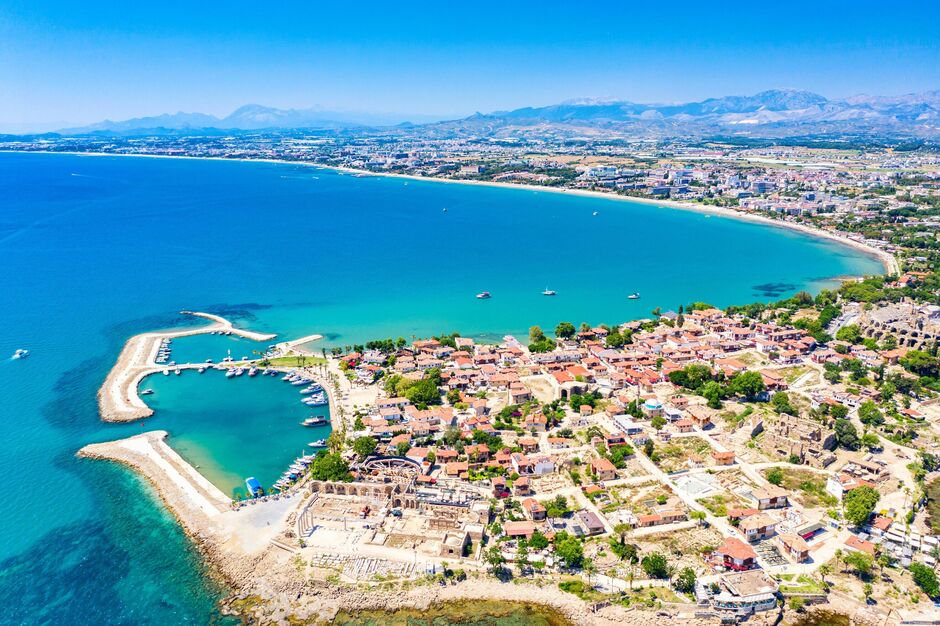 Aerial top drone view of ancient Side town, Antalya Province in Turkey