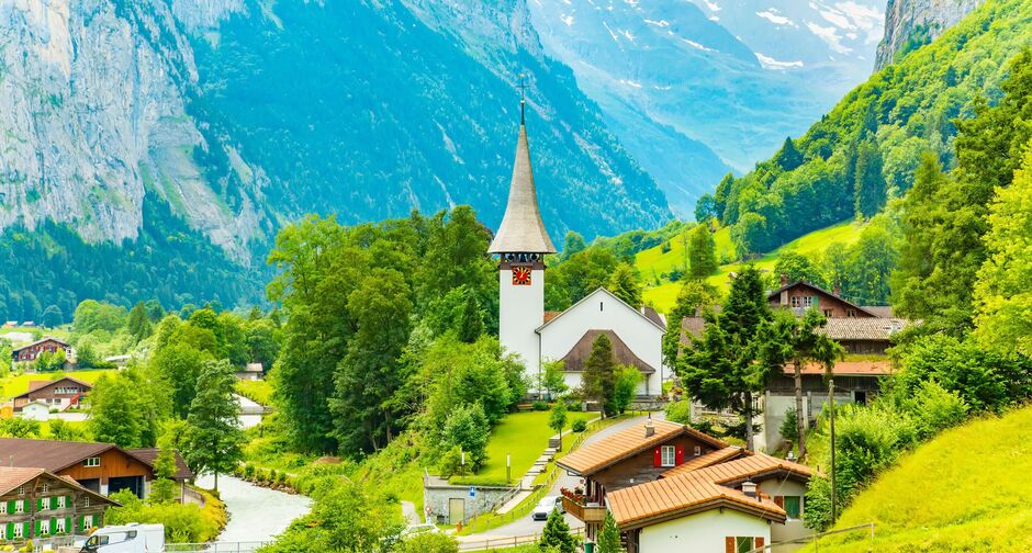 Panorama of Lauterbrunnen village in Swiss Alps, Switzerland