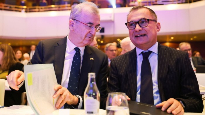 French and German central bank governors Francois Villeroy de Galhau, left, and Joachim Nagel, right