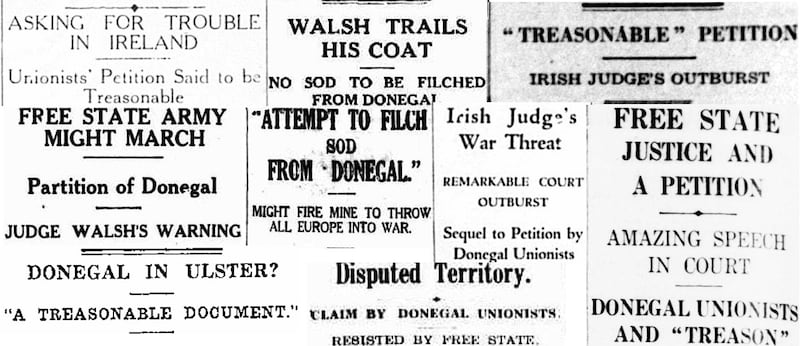 A collage of headlines from newspapers across the British Empire in the 1930s covering the bid by Protestants in East Donegal to have a referendum on joining Northern Ireland.