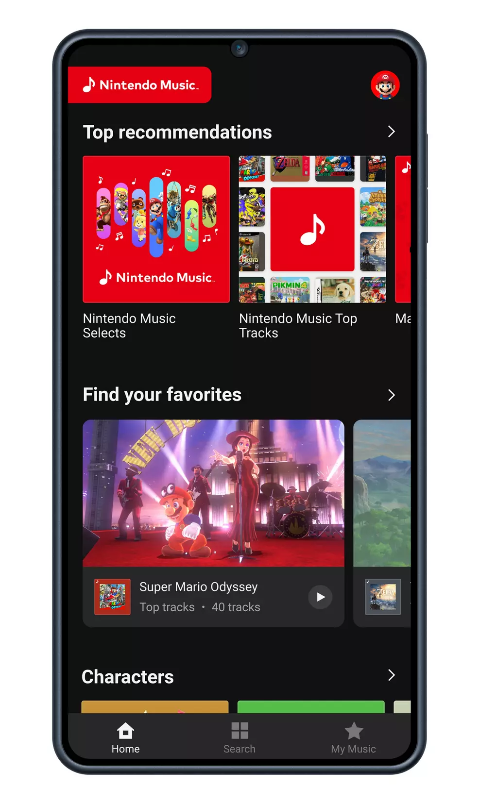 The Nintendo Music app home screen