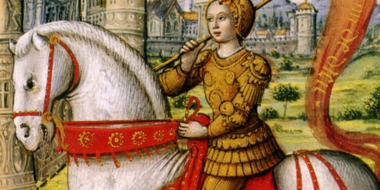 St. Joan of Arc is depicted on horseback in an illustration from a 1504 manuscript.