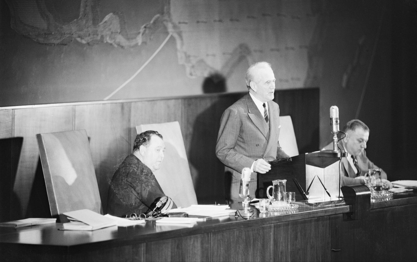 Dr. Oswaldo Aranha, president of the UN General Assembly, shown announcing the assembly’s official adoption of the plan to partition Palestine into independent Arab and Jewish states on November 29. 1947.